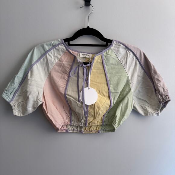 New Storia Linen Crop Top Multicolor Round Neck Pullover Short Sleeve Sz S - Picture 5 of 8